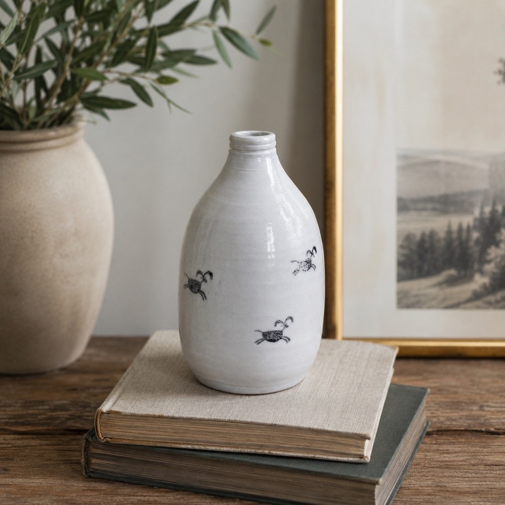 Mini Pottery Bottle Vase Blue White Ceramic Vessel Primitive Country Shelf Decor